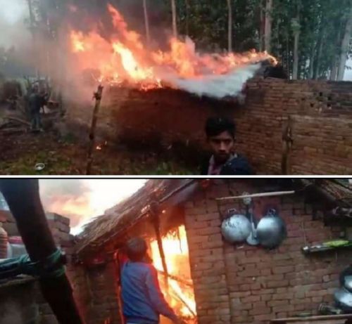 गोंडा अलाव की चिंगारी बनी शोला, धू-धू कर जला आशियाना।