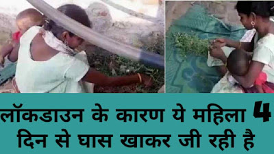 लॉकडाउन के कारण ये महिला 4 दिन से घास खाकर जी रही रही है साथ में बच्चे को भी खिला रही है।।